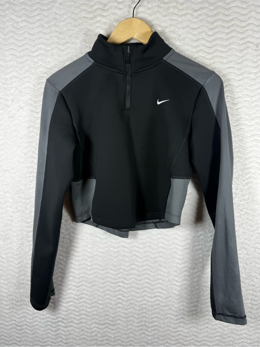 Nike Women's Pro Hyperwarm Cropped 1/4 Zip Pullover in black and grey